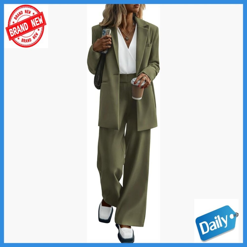 Oversized Blazer and Wide Leg Pants Suit Set, Business Casual, Polyester Twill